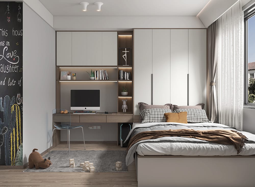Space-Saving Bedroom With Desk and Bookcase - Image 4