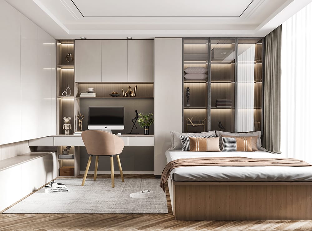 Space-Saving Bedroom With Desk and Bookcase - Image 2