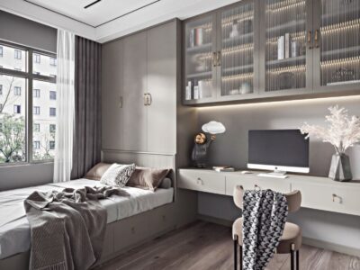 Space-Saving Bedroom With Desk and Bookcase