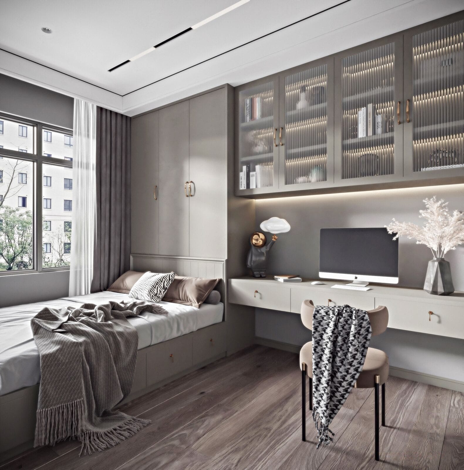 Space-Saving Bedroom With Desk and Bookcase